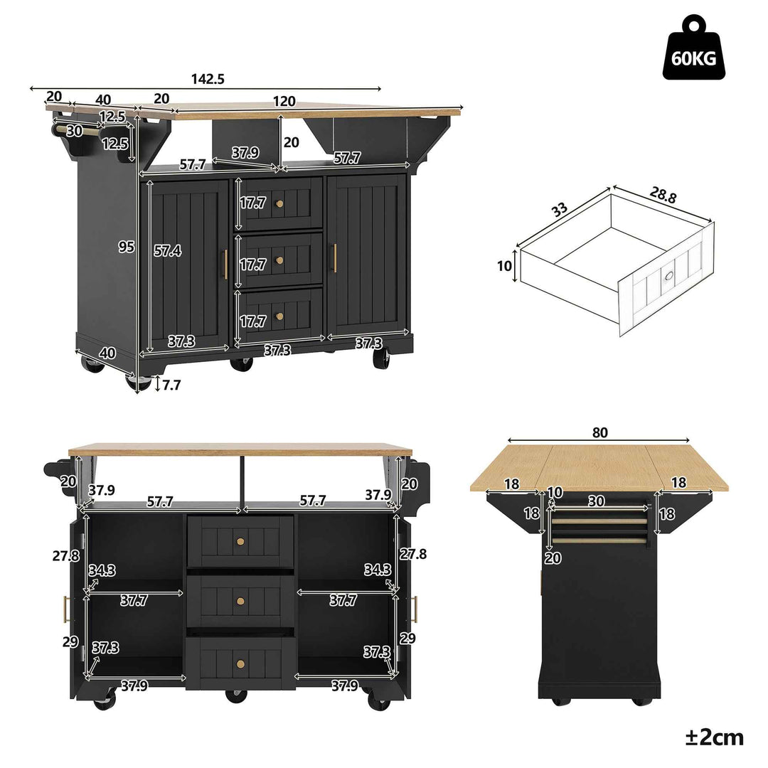 Extendable kitchen island trolley dining bar table wooden and black storage INFINITEMOME
