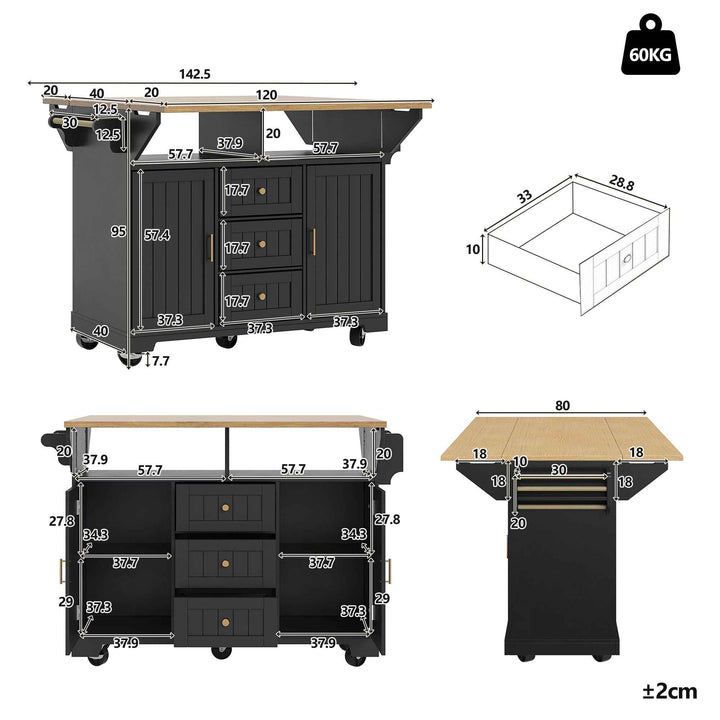 Extendable kitchen island trolley dining bar table wooden and black storage INFINITEMOME