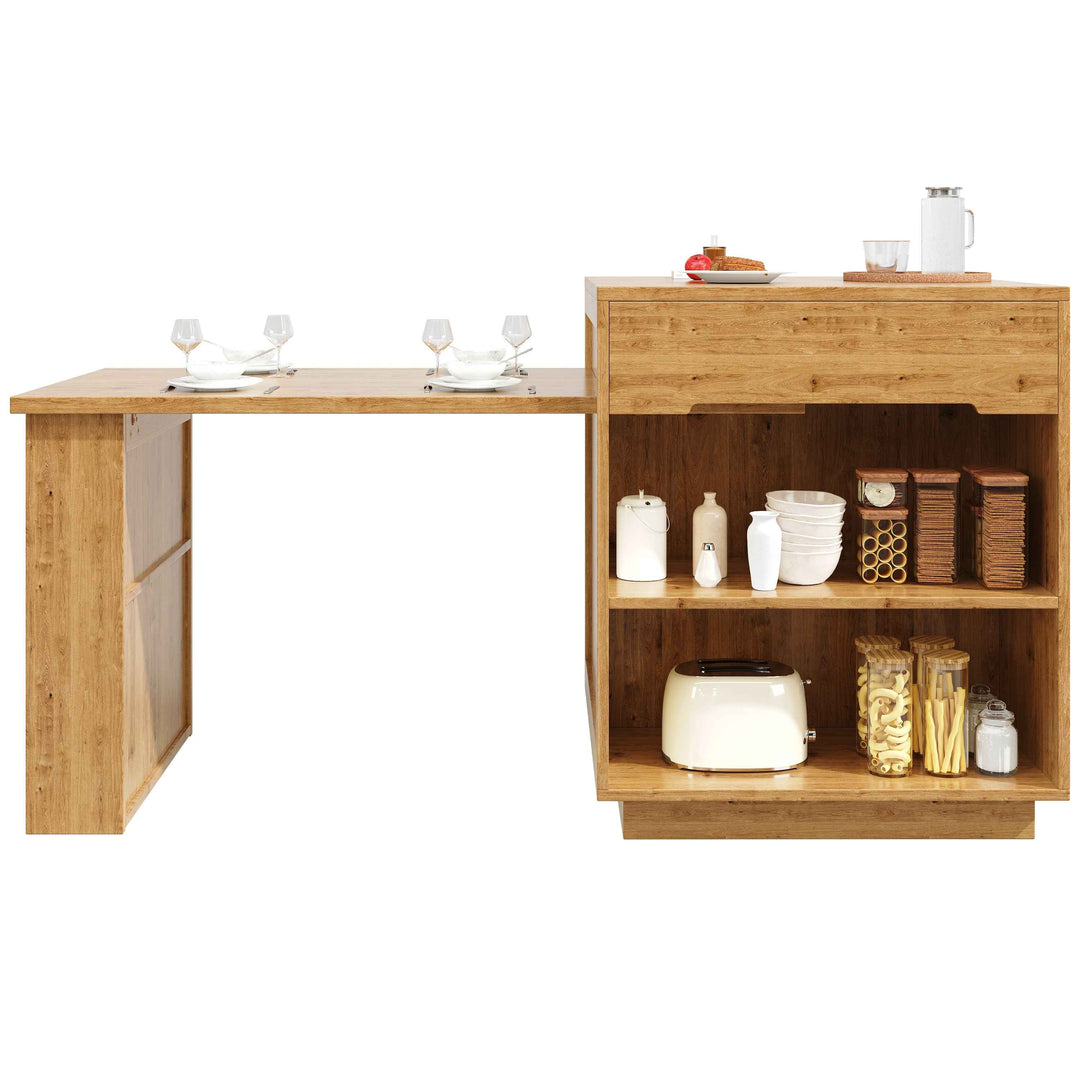 Kitchen island with extendable table, oak effect, LED glass door, 2 drawers INFINITECASC