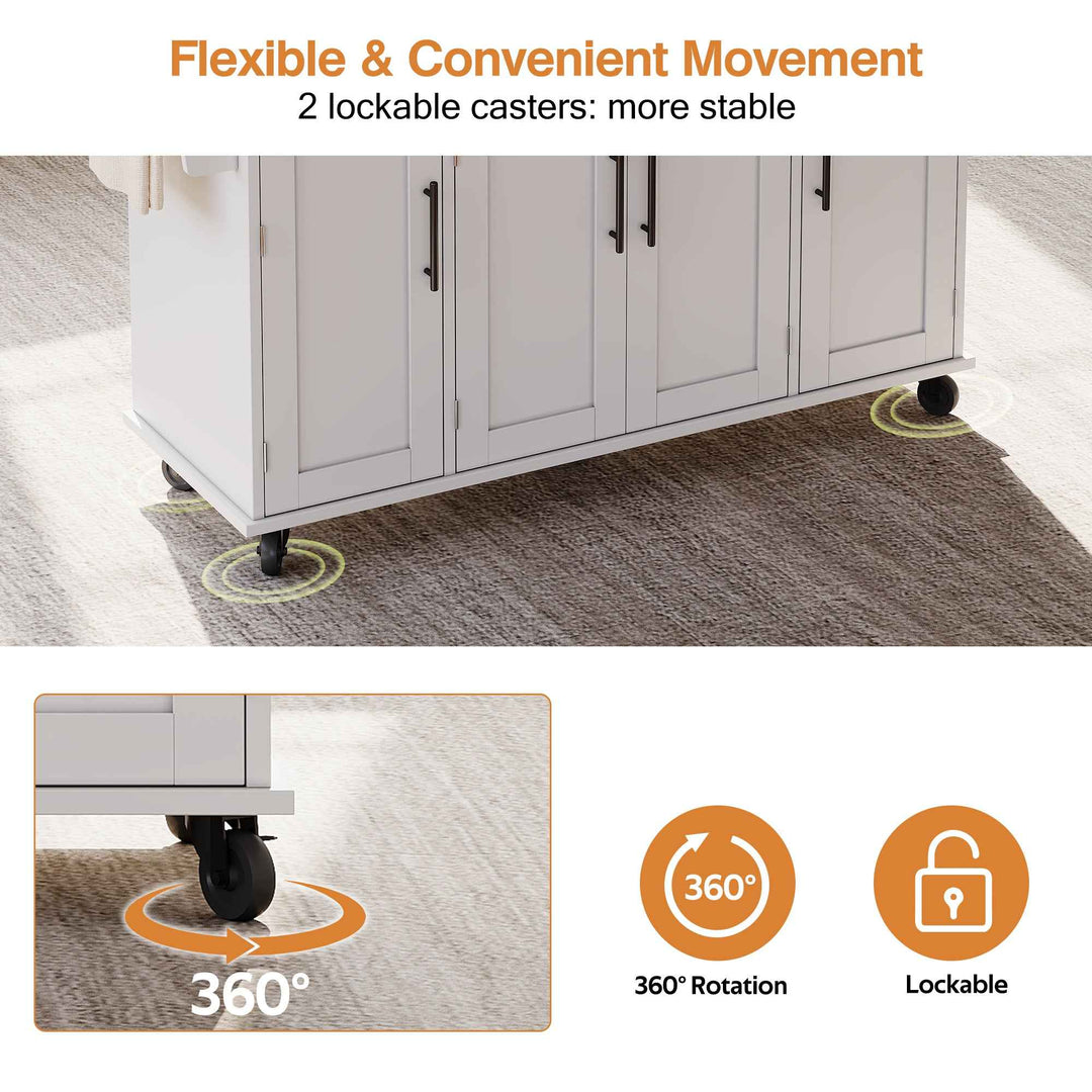 00+Kitchen Island on Wheels, White & Natural MDF, Foldable Tabletop, Adjustable Shelves, Storage Cabinets Rolling Trolley for Dining Room VERTEXZYR