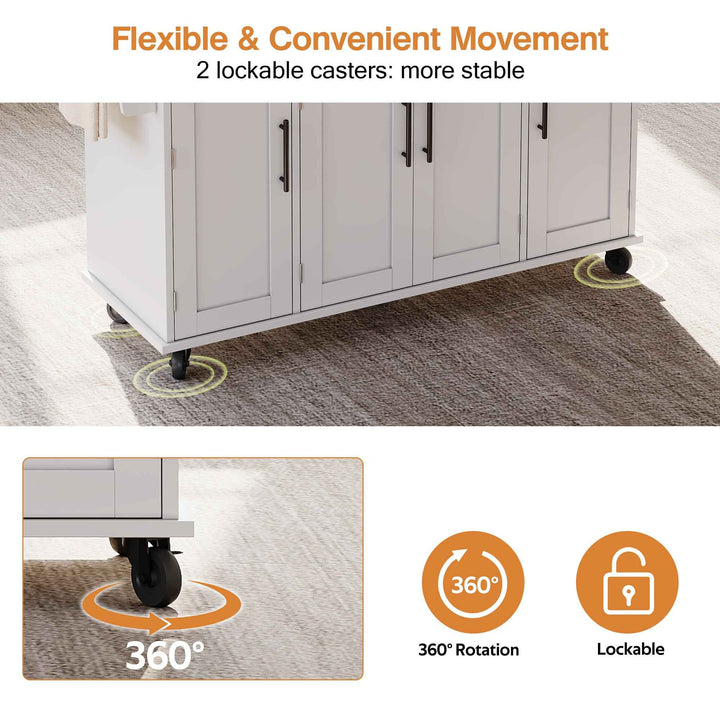 00+Kitchen Island on Wheels, White & Natural MDF, Foldable Tabletop, Adjustable Shelves, Storage Cabinets Rolling Trolley for Dining Room VERTEXZYR