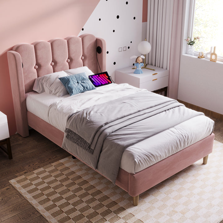 Pink velvet upholstered single divan bed frame with USB charging KRIGIED SINGLE PINK UK