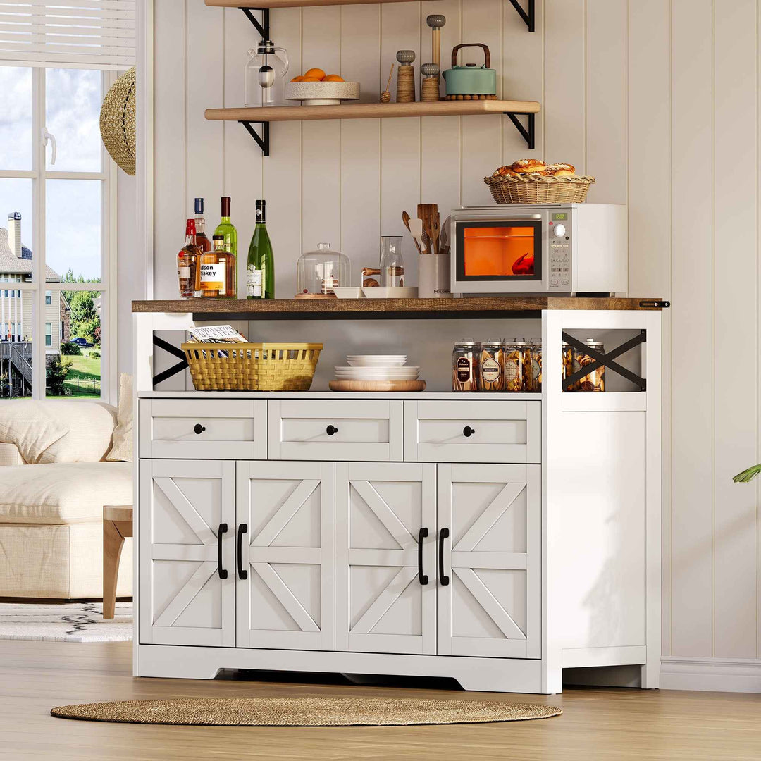 00+Sideboard 140cm Rustic White Storage Cabinet with 3 Drawers for Kitchen, Living Room VERTEXVAEL