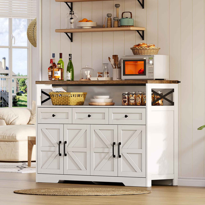 00+Sideboard 140cm Rustic White Storage Cabinet with 3 Drawers for Kitchen, Living Room VERTEXVAEL