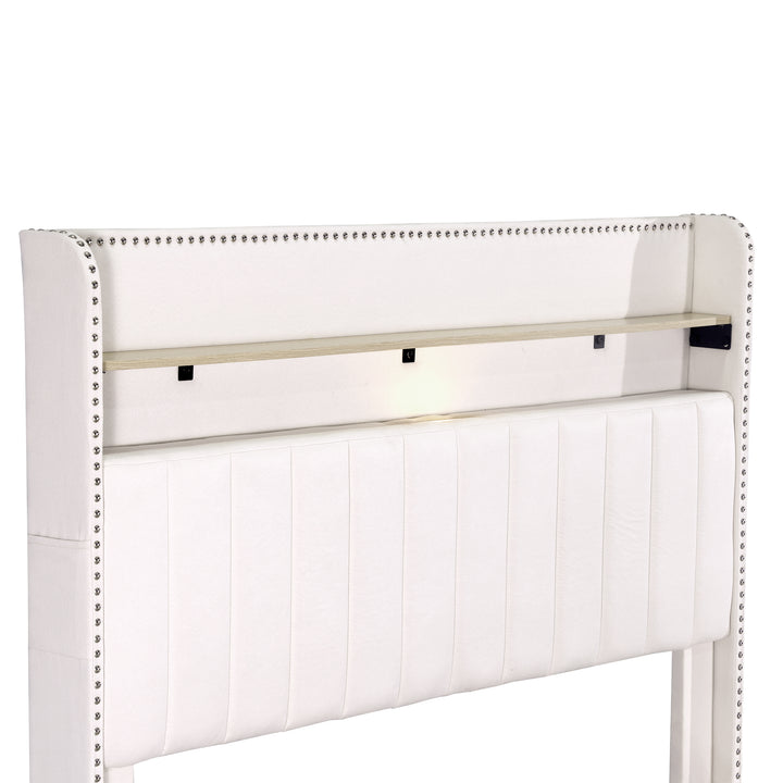 Beige linen upholstered divan double Bed 135x190cm with 2 storage drawers and LED lighting & charging ports (no mattress) OGHAMNOTCH