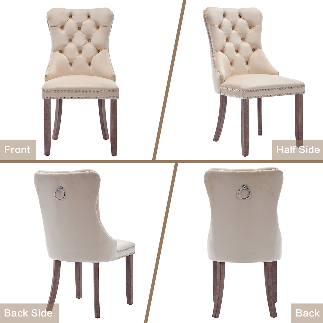 Set of 4 dining chairs velvet beige tufted with solid wood legs, nailheads and back chrome ring ELYSIUMAL