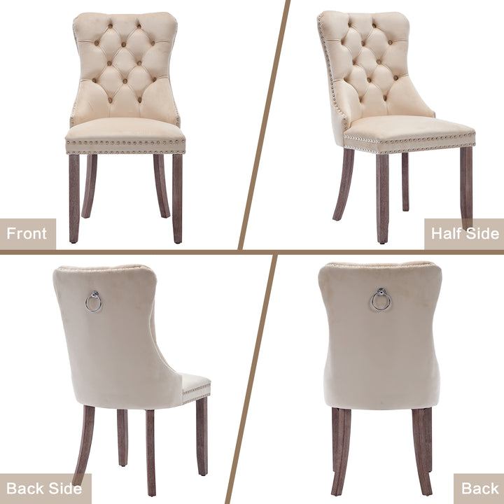 Set of 4 dining chairs velvet beige tufted with solid wood legs, nailheads and back chrome ring ELYSIUMAL