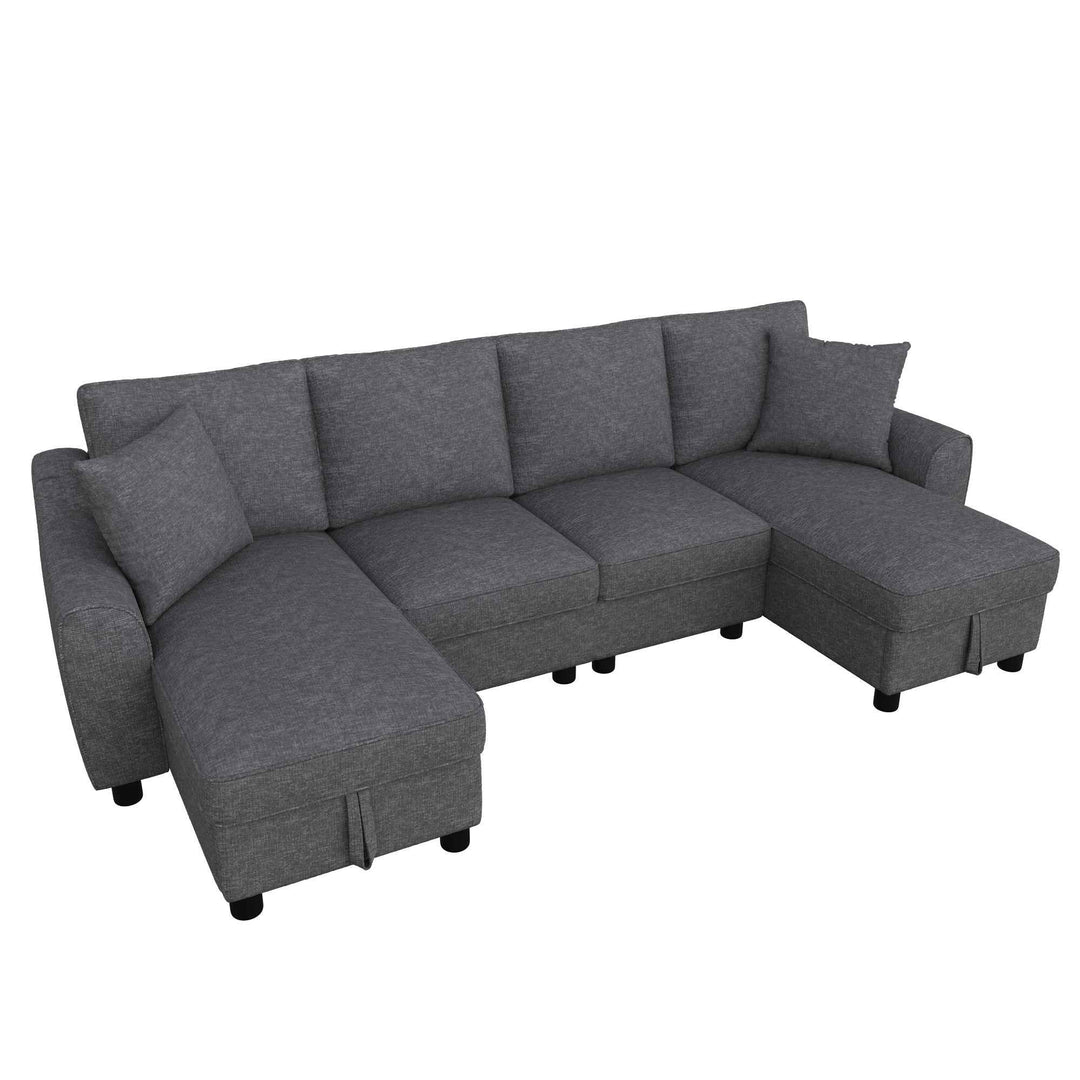 U-shaped sectional sofa, 2 storage chaises, grey chenille 272cm RACKBLACK