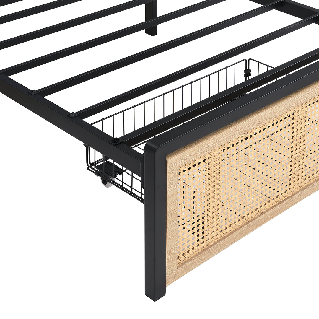 Wooden single bed with headboard storage, rattan drawer and LED lighting (90×190cm) GALLAPHID