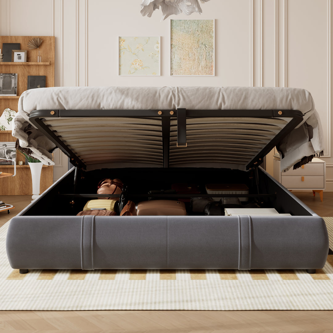 Upholstered velvet grey, hydraulic ottoman double bed with storage function 135×190cm KELPFROND