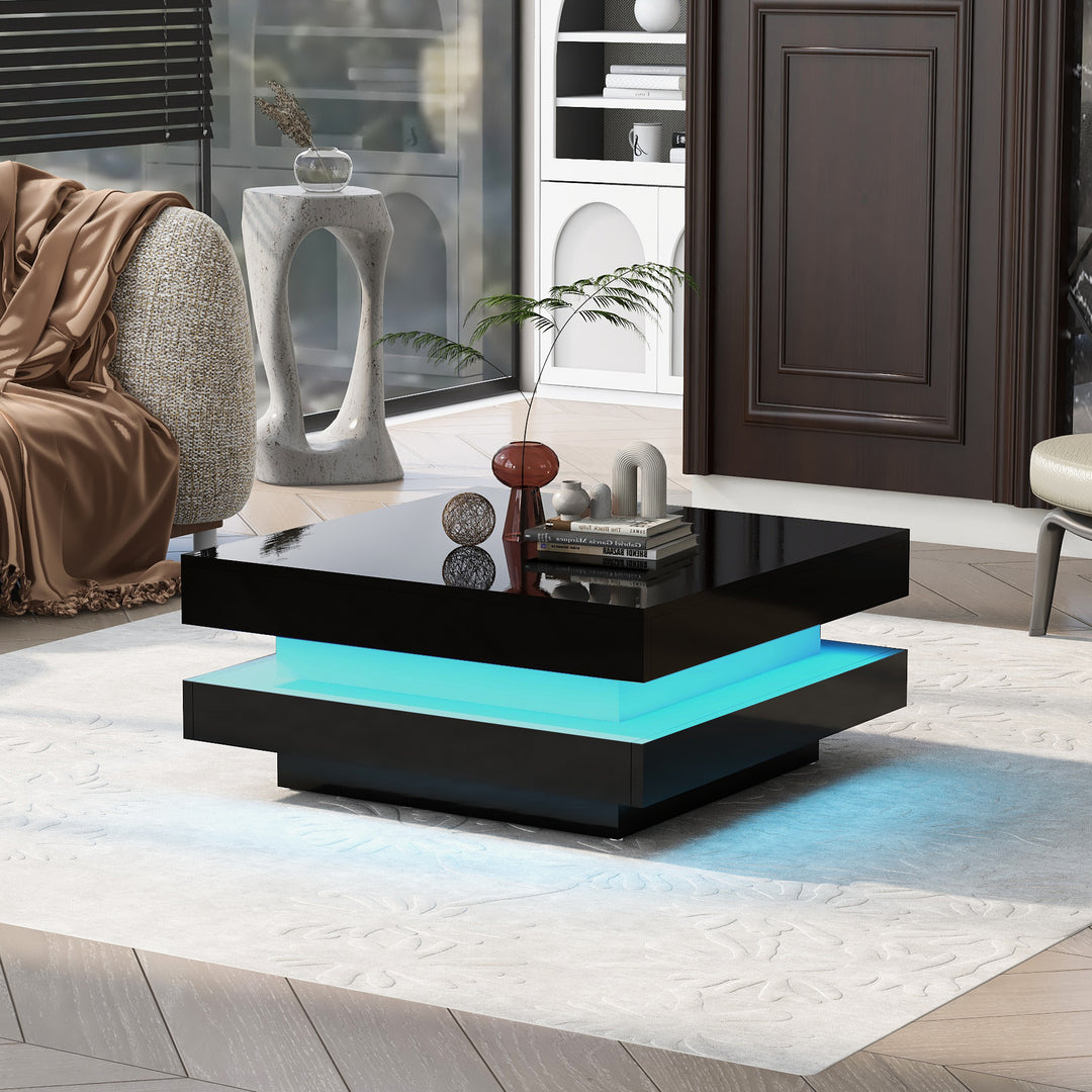 Black high gloss square coffee table with 360° rotating top LED lighting KERATINSCALE