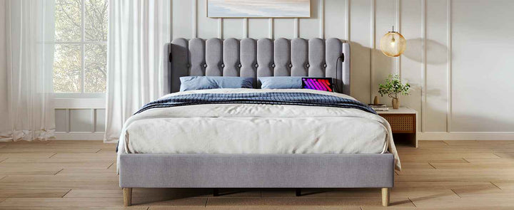 Double Bed Frame with USB & Type-C Charging, 4ft6 Grey Linen Upholstered, Wooden Slats, Modern Panel Headboard, Space-Saving for Bedroom & Guest Room (No Mattress)