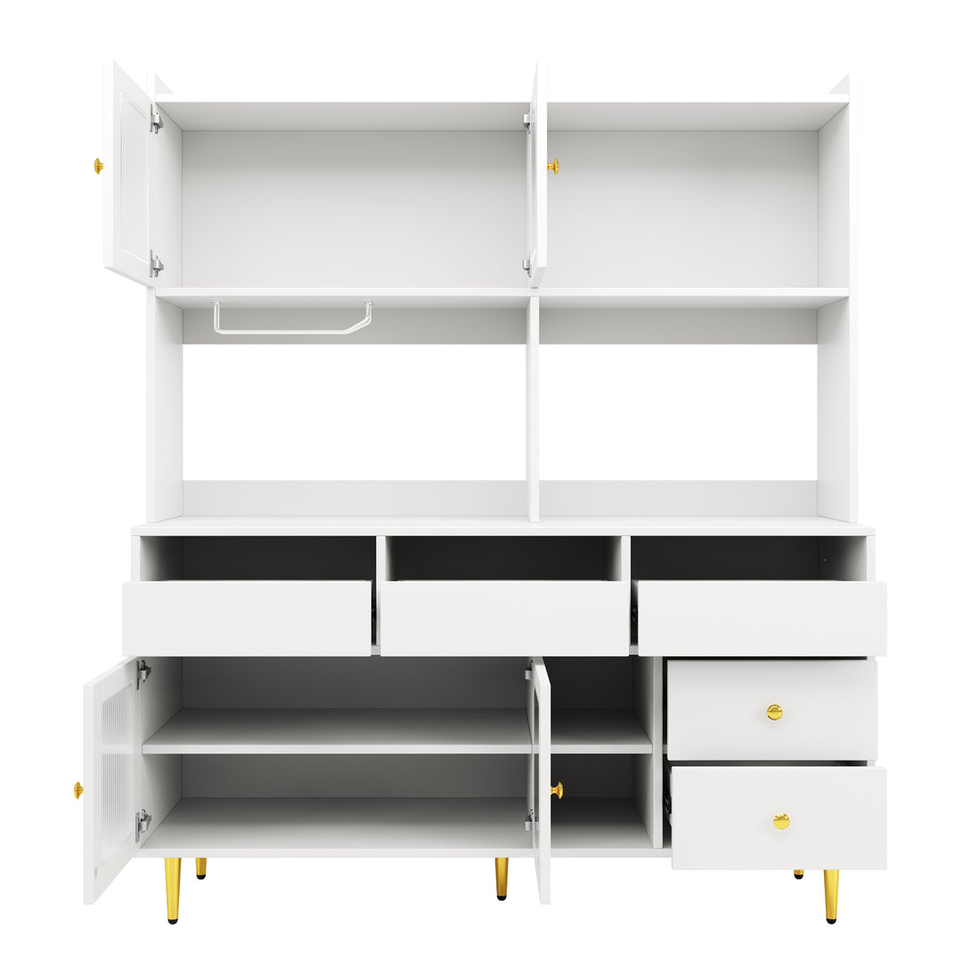 Modern white kitchen cabinet cupboard fluted glass doors, wine rack, and gold accents FROSTGLEN