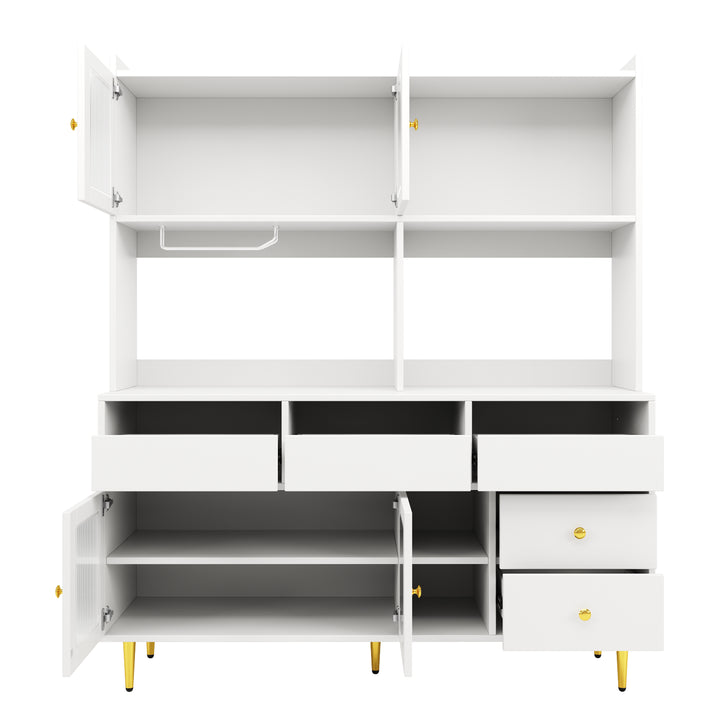 Modern white kitchen cabinet cupboard fluted glass doors, wine rack, and gold accents FROSTGLEN