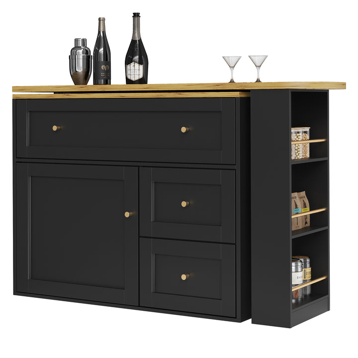 Extendable bar table black with storage kitchen cabinet with snack shelf (138-204×39×105cm) MANGROVEPROP