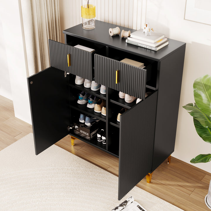 Black shoe cabinet with textured design and golden legs CEDARGLADE UK