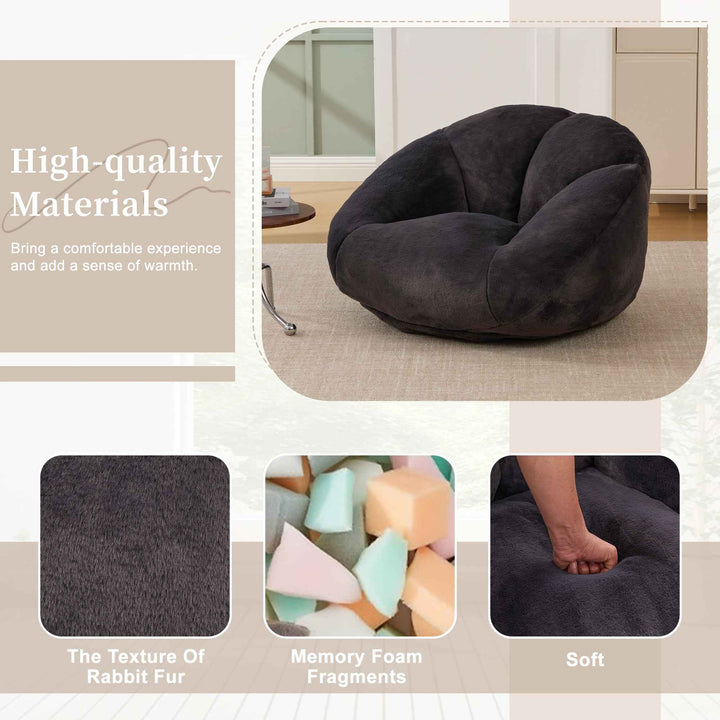 Lazy chair shell shaped sofa black faux fur, memory foam bean bag chair removable cover