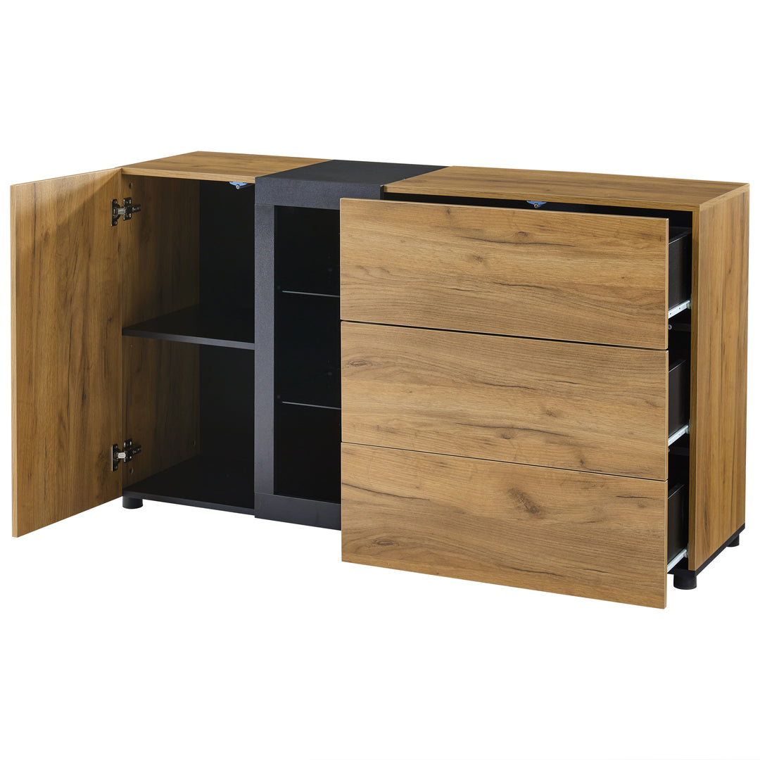 Wooden and Black Sideboard Cabinet with 3 Drawers, Glass Shelves and LED Lights 140 cm TRISHELF