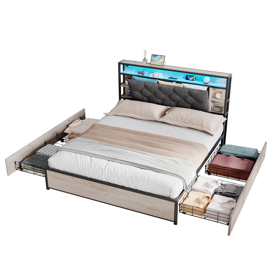 Grey metal double bed frame shelves with LED lighting (135x190cm) PHYTOSID