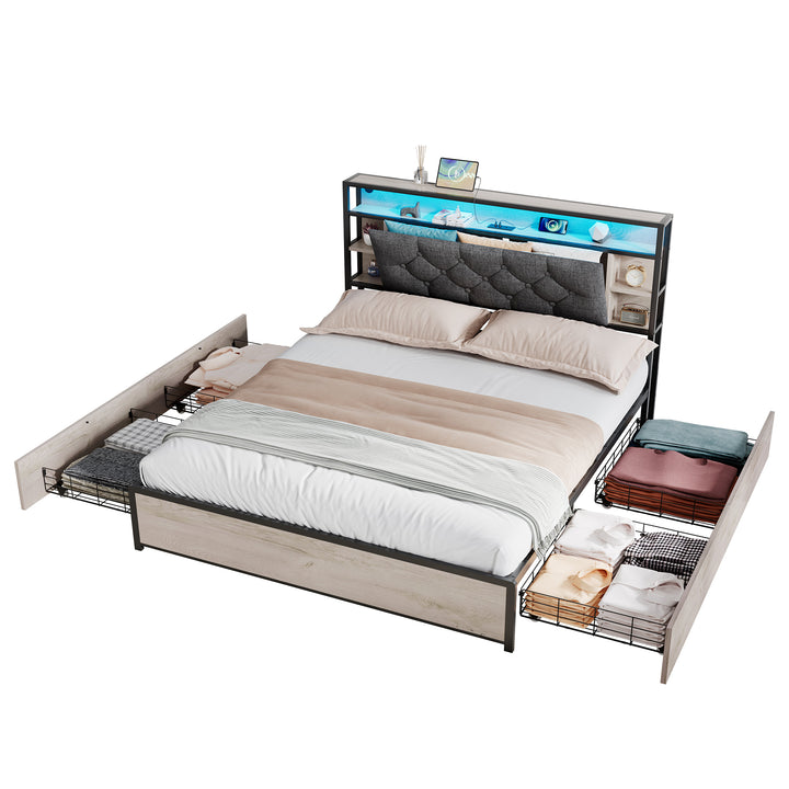 Grey metal double bed frame shelves with LED lighting (135x190cm) PHYTOSID