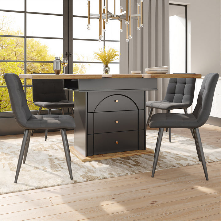 Extendable wooden dining table (110-140×80 cm) black shlef and 2 drawers SUNSPOT