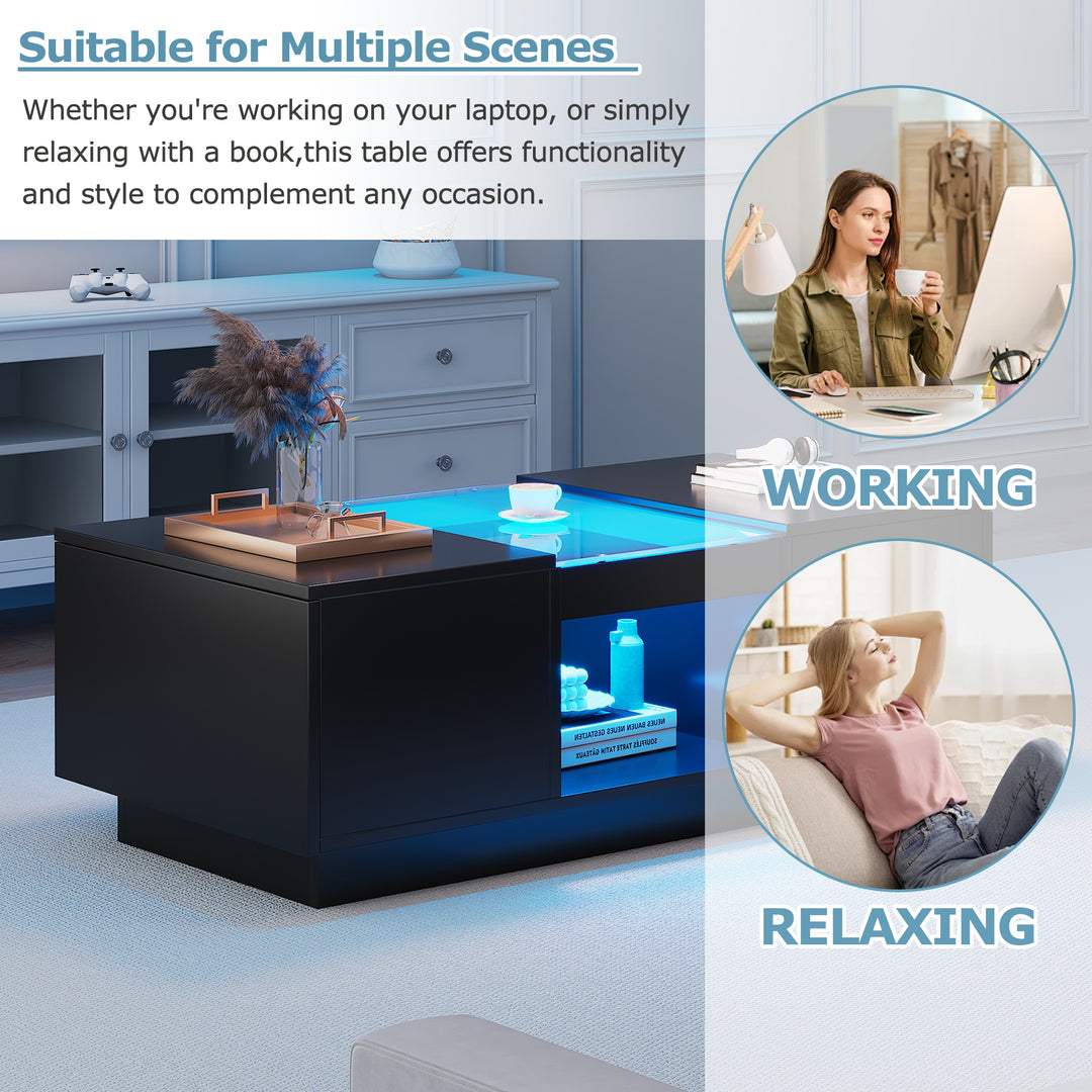 Black glass LED lighting coffee table with storage 100×50×35.5cm ALGORITH