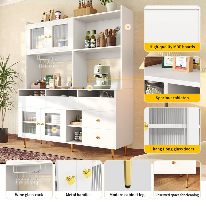 Modern white kitchen cabinet cupboard fluted glass doors, wine rack, and gold accents FROSTGLEN