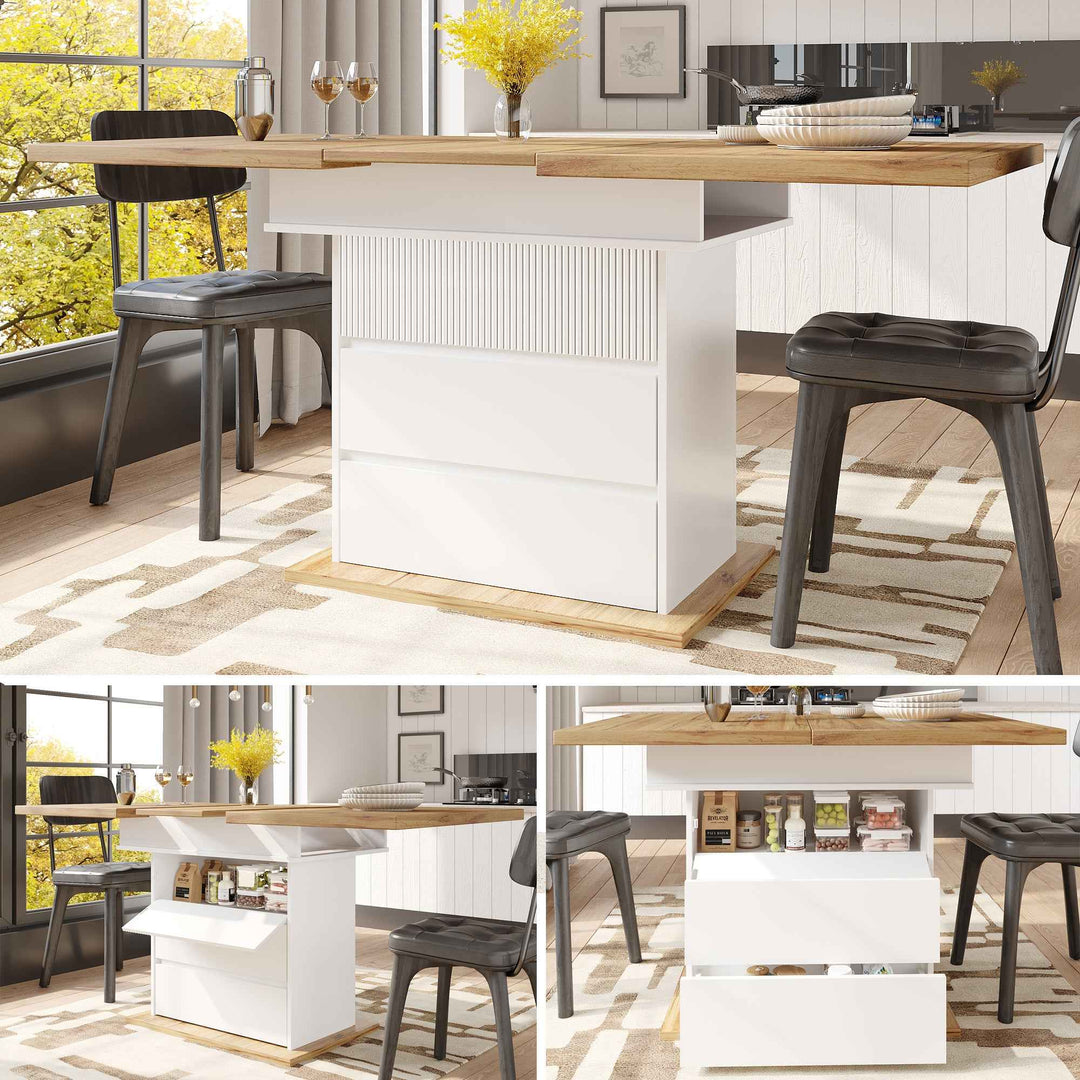 Telescopic Dining Table 110-140 x 80 cm White MDF, Extendable Foldable Table for 4-6, Space-Saving with Storage Shelves for Kitchen & Living Room