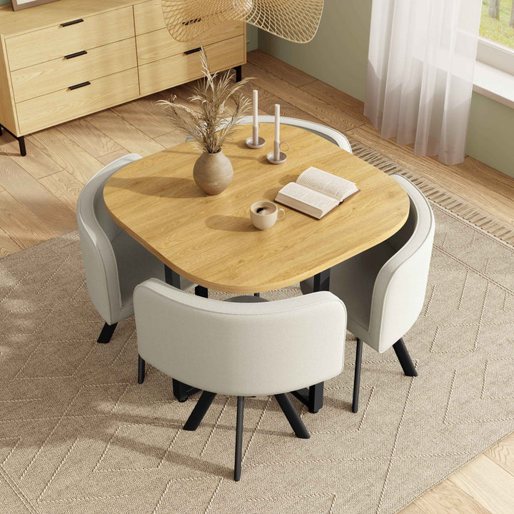 Dining Table and Chairs Set for 4, 85x85cm Square Oak MDF Table with 4 Beige Linen Chairs, Space-Saving Metal Frame, Compact Kitchen Dining Set for Small Apartments and Living Rooms