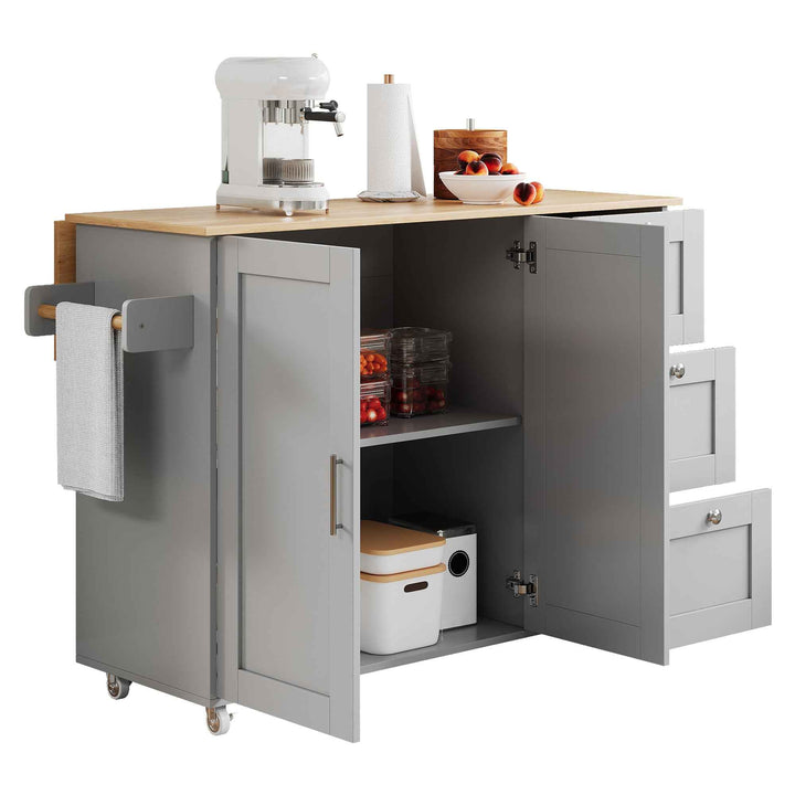 00+Kitchen Island on Wheels Grey Foldable Tabletop, 3 Drawers, 2 Doors, for Dining & Living Room VERTEXRYN