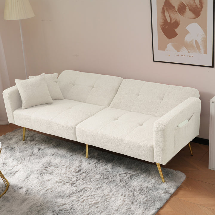 Ivory white sherpa 3-seater clic-clac sofa bed, adjustable backrest & side pocket ALDEN WHITE UK