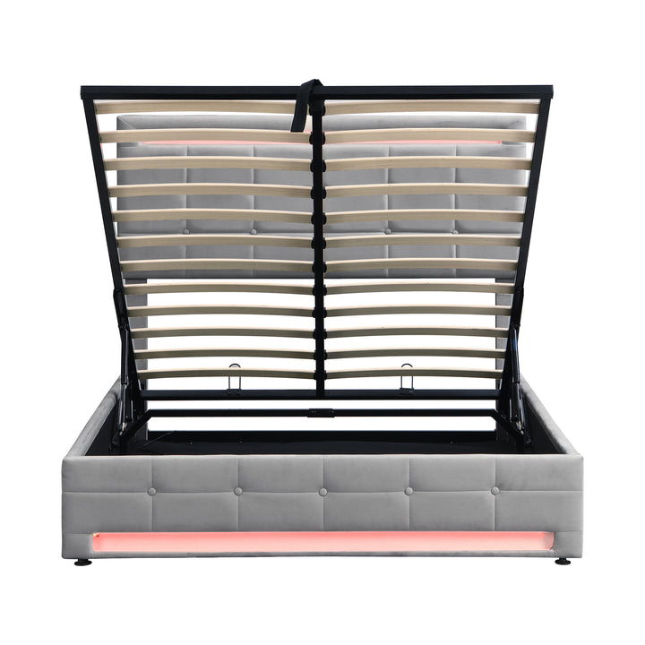 Grey velvet upholstered ottoman double bed with LED lighting (135x190cm) ANHYDROBIO