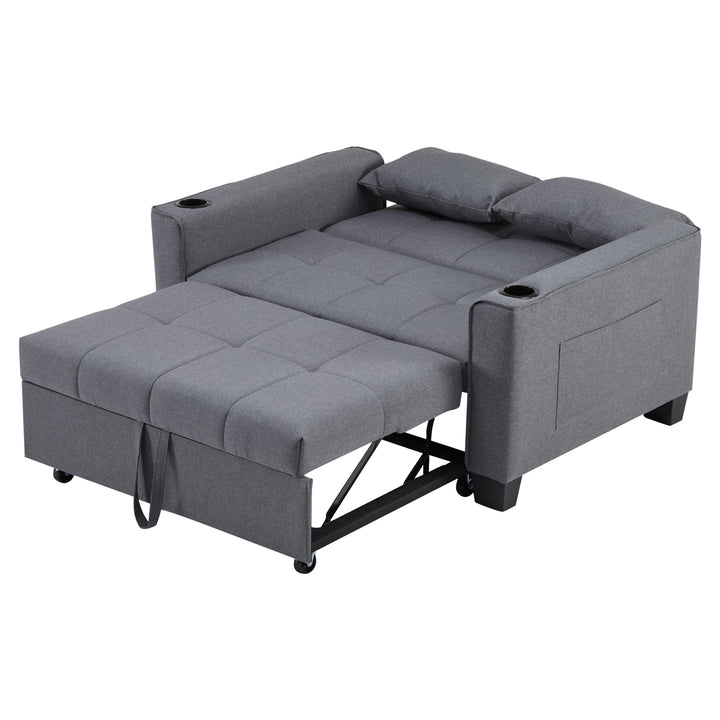 Gray fabric convertible 2-seater sofa bed pull-out design, adjustable backrest, and storage FROSTSTONE