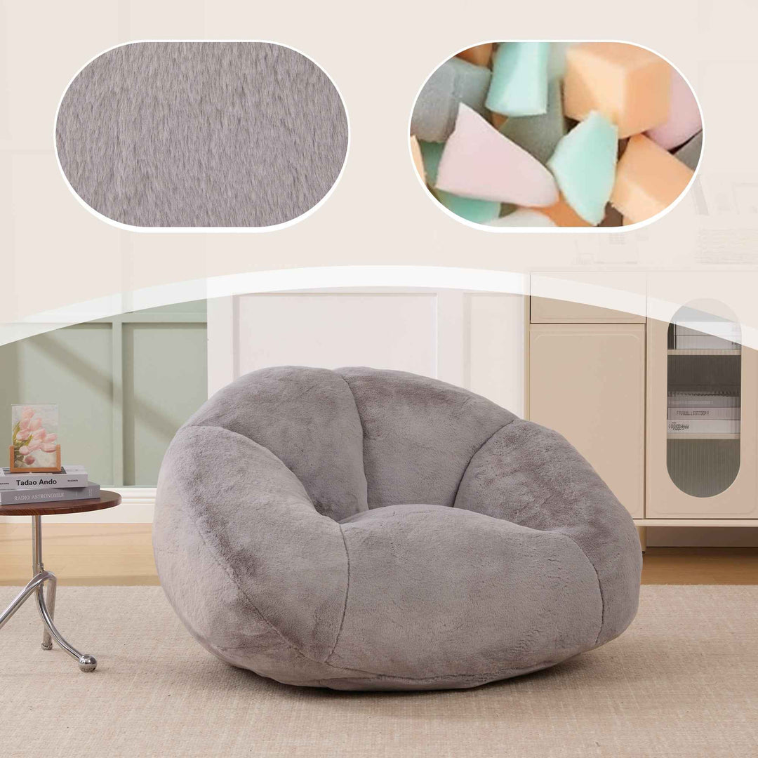 Lazy chair shell shaped sofa light grey faux fur, memory foam bean bag chair removable cover