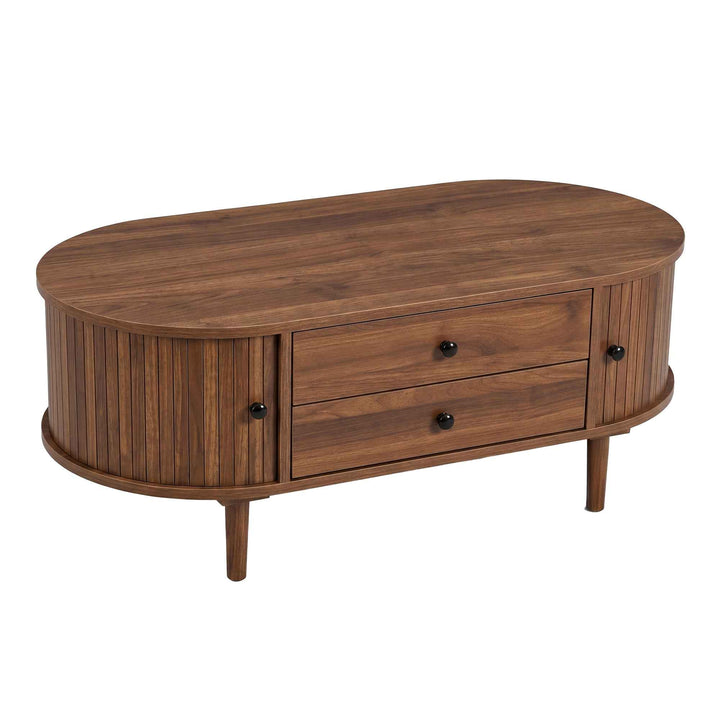 Vintage oval coffee table with 2 drawers, slatted doors 100cm RACKDARK