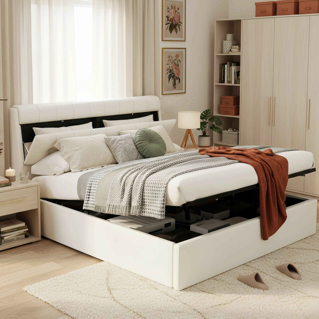 King size upholstered ottoman bed PU cream white, headboard storage 150x200cm