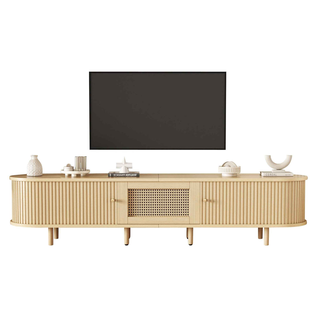 TV stand light wood 1 rattan drawer & 2 sliding doors, rounded corners 180cm