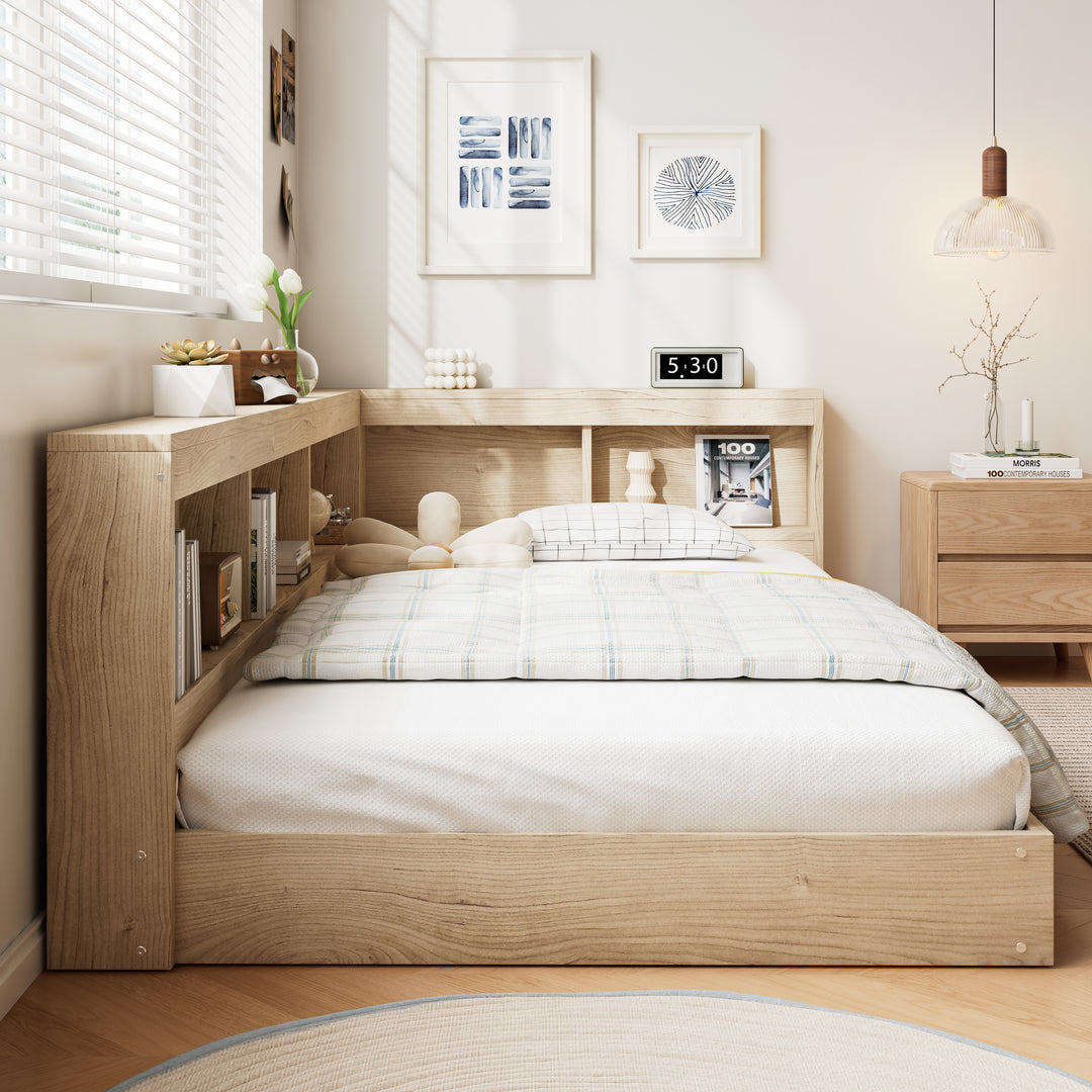 Oak storage single bed with storage shelves, daybed 90x190cm AIRGLOW UK