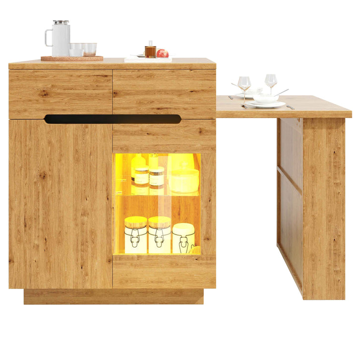 Kitchen island with extendable table, oak effect, LED glass door, 2 drawers INFINITECASC
