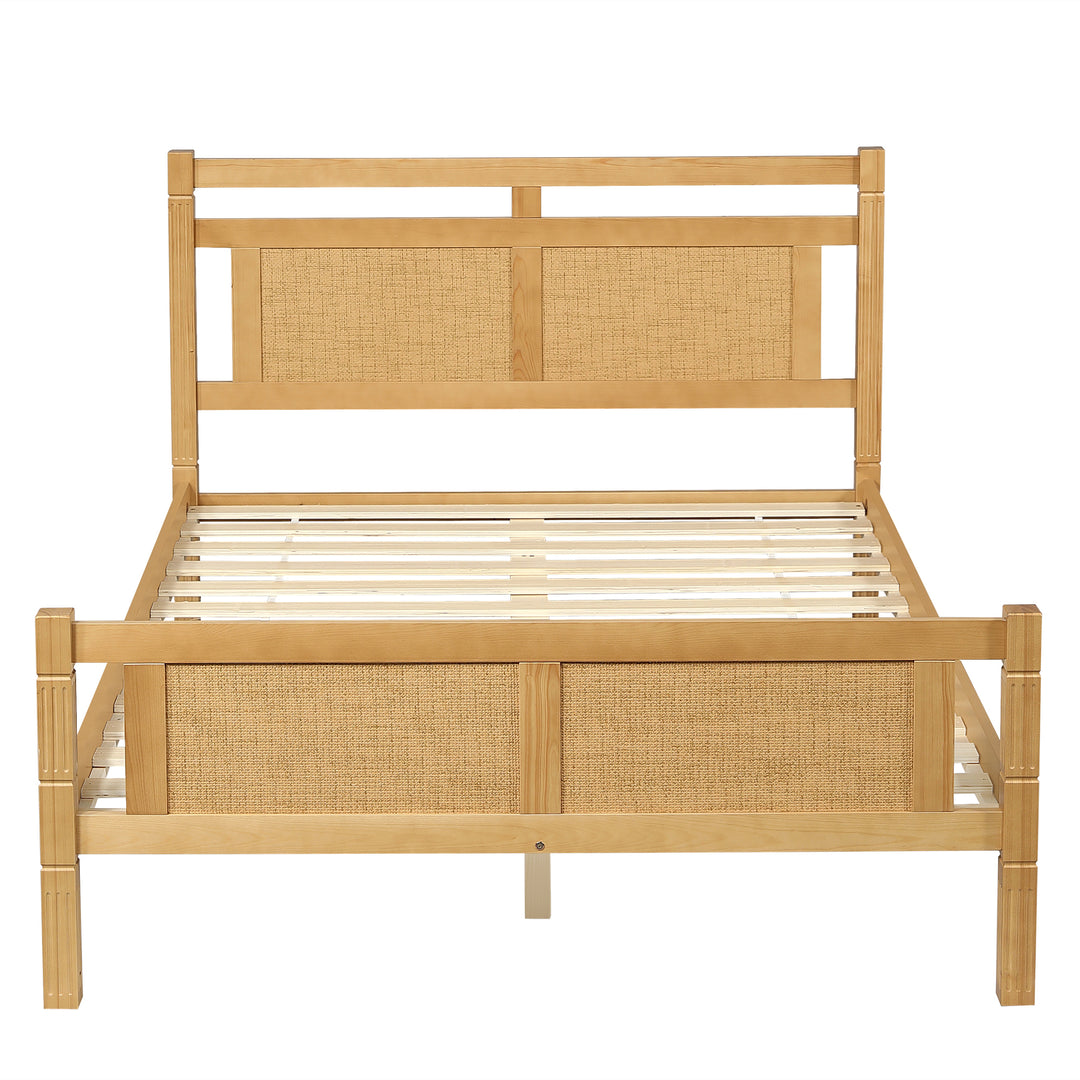 Wooden Double Bed 4ft6 (135x190cm), Solid Pine & MDF, Rattan Headboard, Sturdy Slats, Natural Finish, Versatile Style for Bedrooms SERENEORA