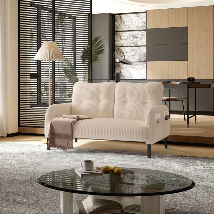 00+Loveseat Sofa Corduroy Fabric Beige 2 Seater, High Rebound Spring, for Living Room & Bedroom NOVAITY