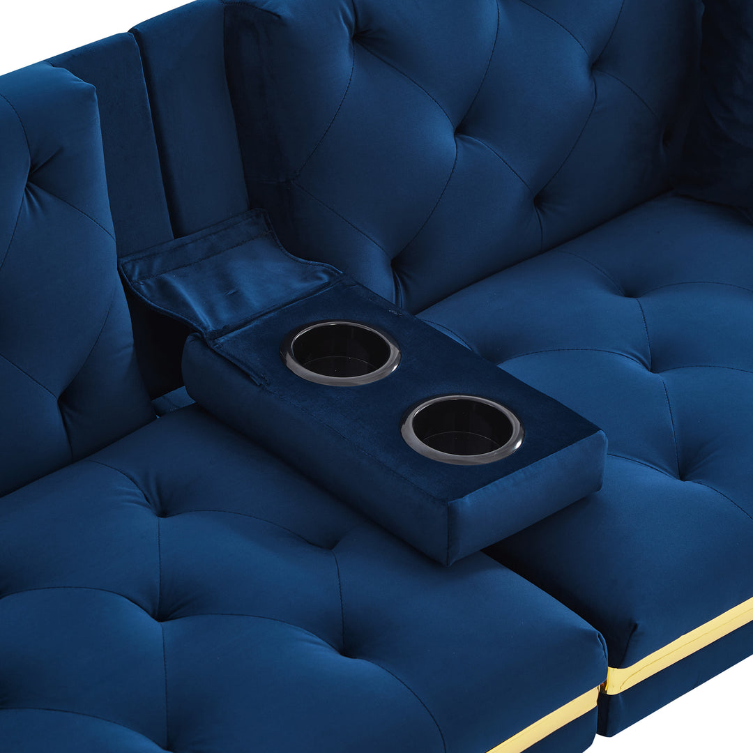Blue velvet tufted 2-seater sofa bed with gold legs hidden fold-down cup holder FUMAROLEVENT