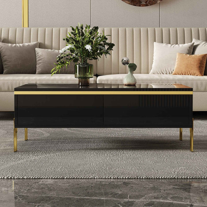 Black high-gloss coffee table with golden stripe with drawers 100x50x36cm RACKSPACE