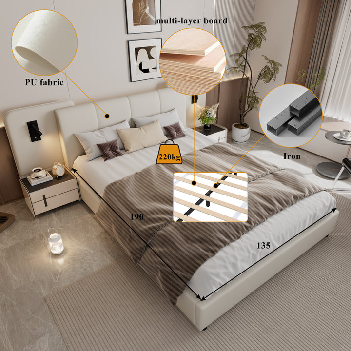 Beige upholstered divan double bed with side lamps and charging port 135x190cm UNITOS