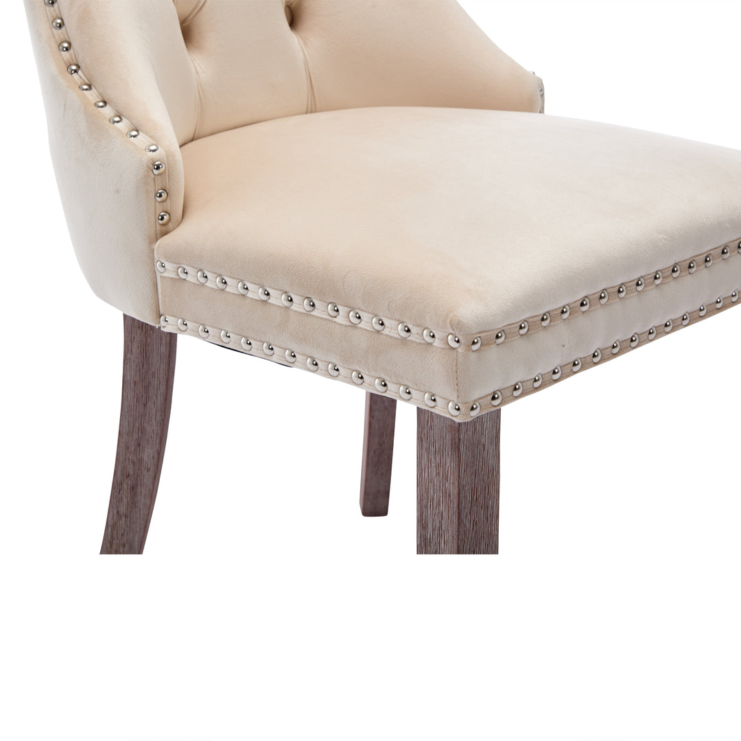 Set of 4 dining chairs velvet beige tufted with solid wood legs, nailheads and back chrome ring ELYSIUMAL
