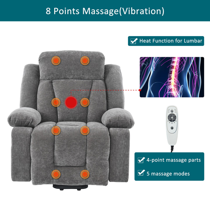 Electric lift up fabric grey large recliner with massage and heat MAGNETICFLUX