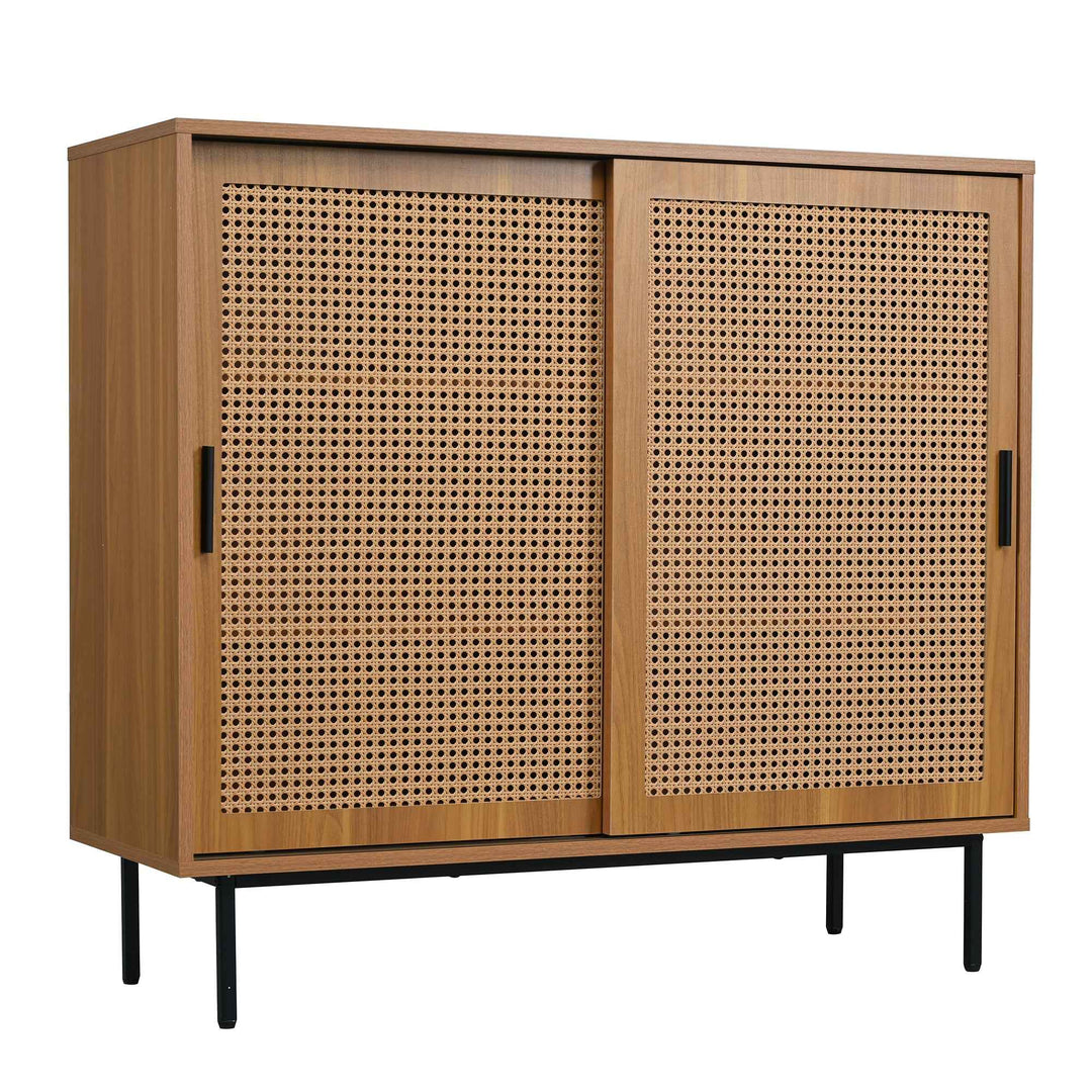 00+Sideboard Kitchen Cabinet with Rattan Sliding Barn Doors for Dining and Living,  Walnut, CONCRETETHROW
