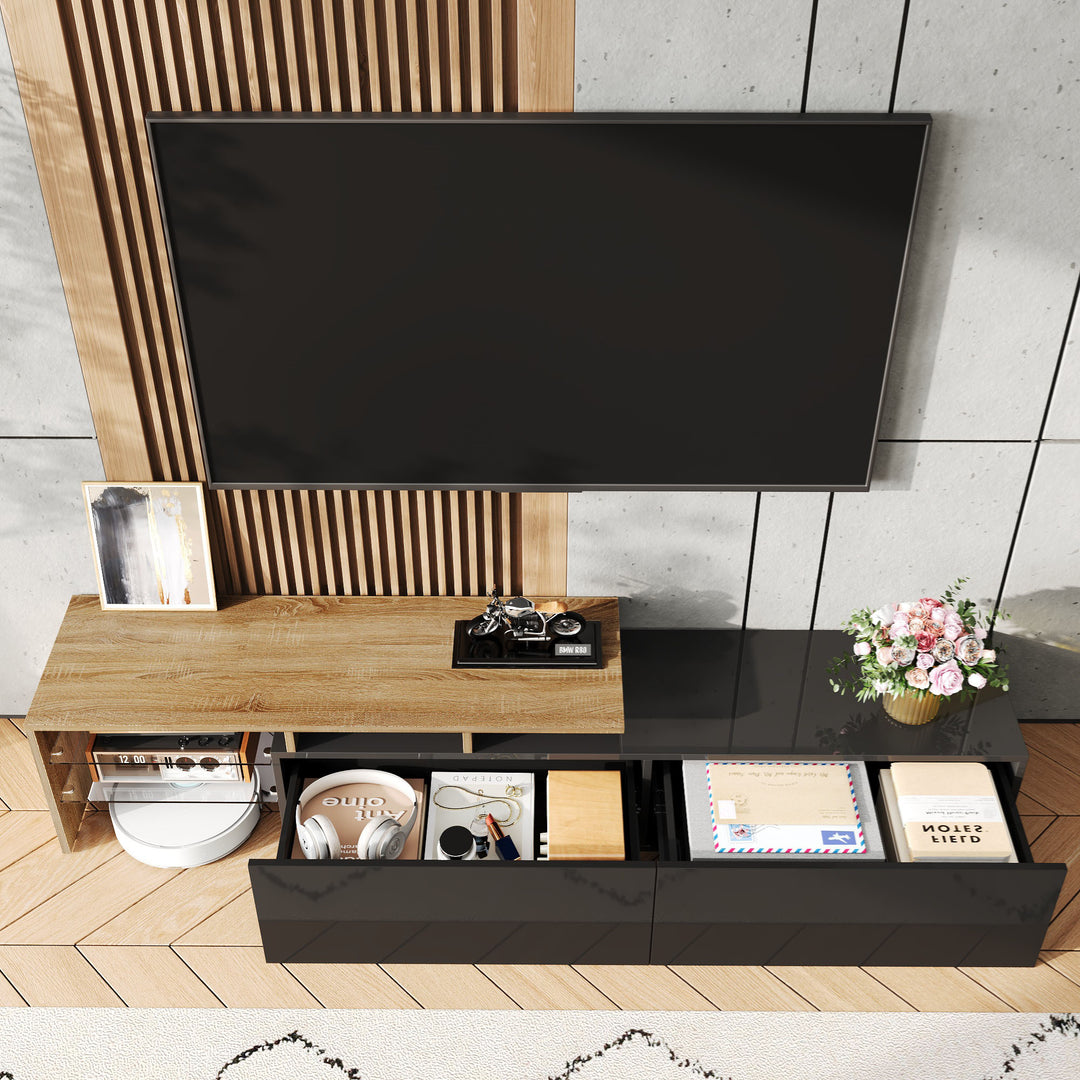 Modern black high gloss TV cabinet with glass shelves and LED lighting KETTLEHOLE