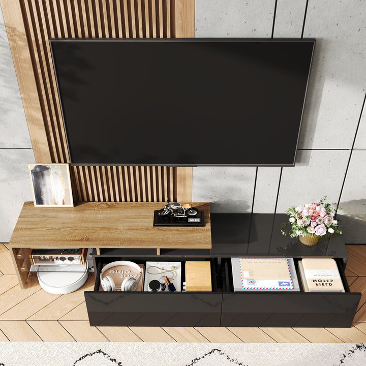 Modern black high gloss TV cabinet with glass shelves and LED lighting KETTLEHOLE