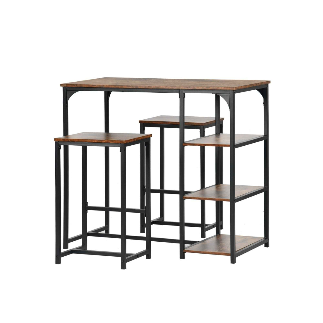Bar Table and 2 Stools Set, 100x50x90cm, Black Metal & Fire Pattern Board, Space Saving HOLLY 100 CRIMSO